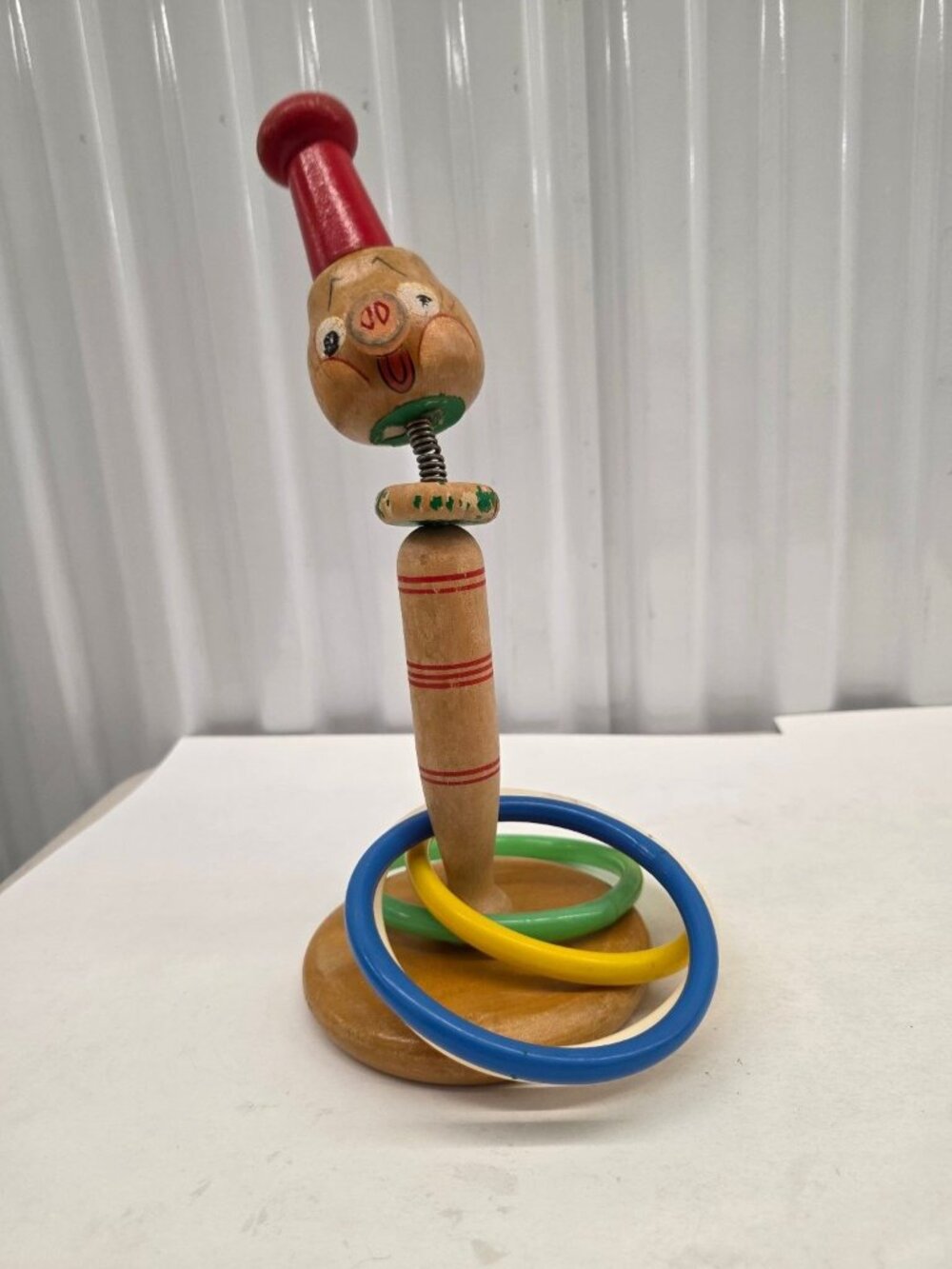 Pig Clown Vintage Wooden Ring Toss Toy Game Plastic Rings Collectible